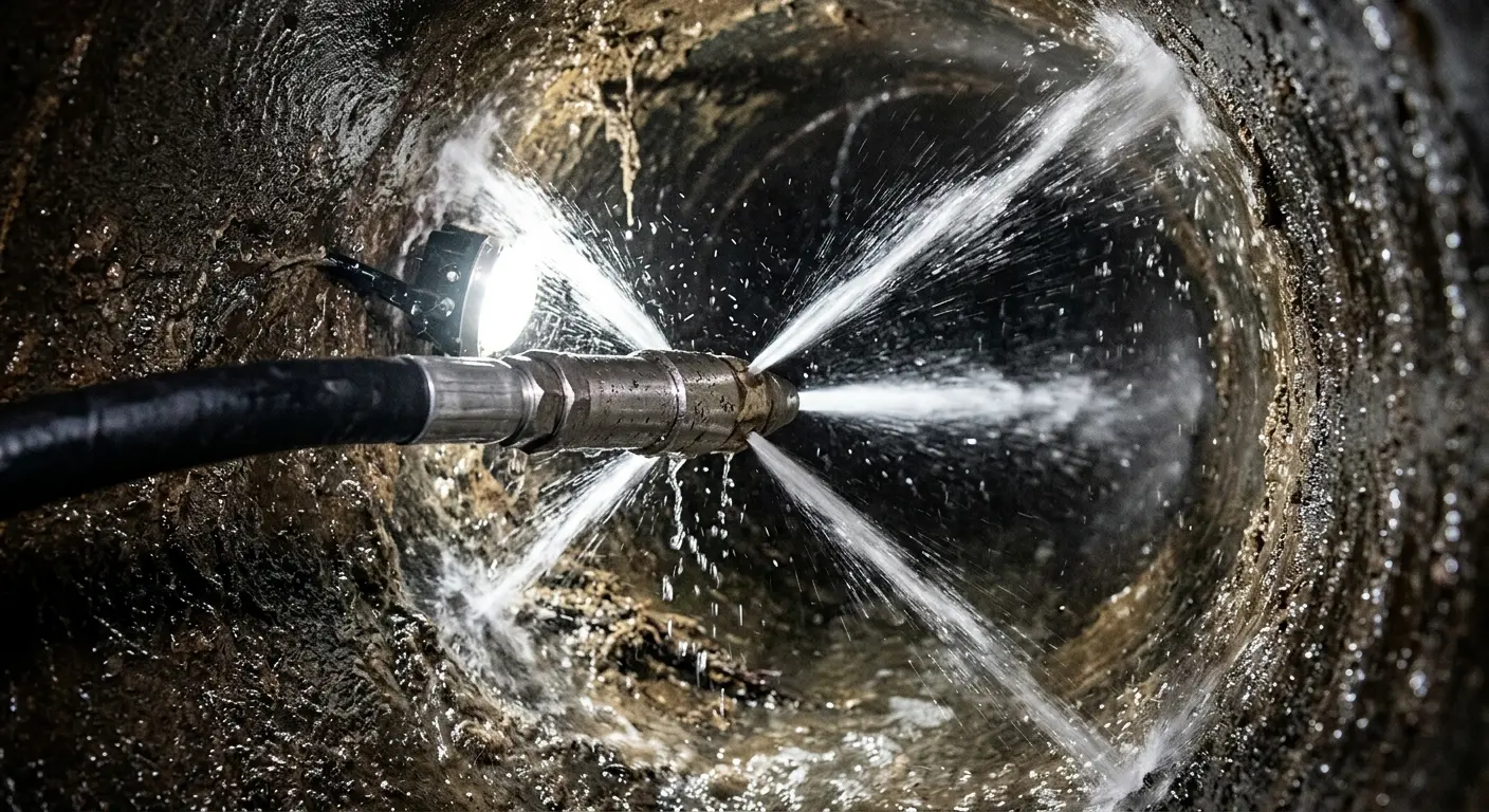 High-pressure hydro jetting nozzle cleaning sewer pipe for Sewer Cleanout in Idabel