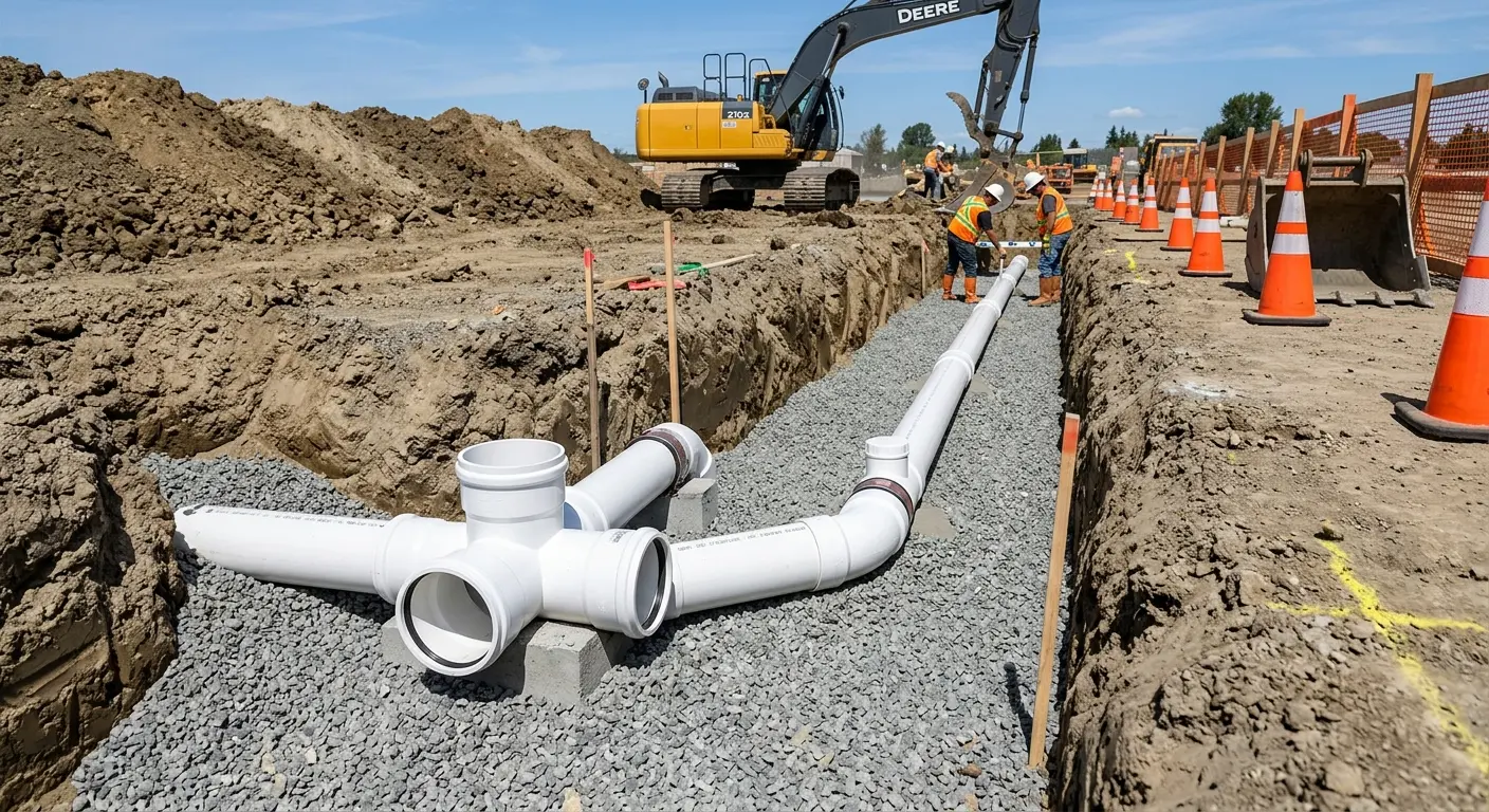 New PVC sewer pipe installation in open trench for Commercial Drain Cleaning in Idabel